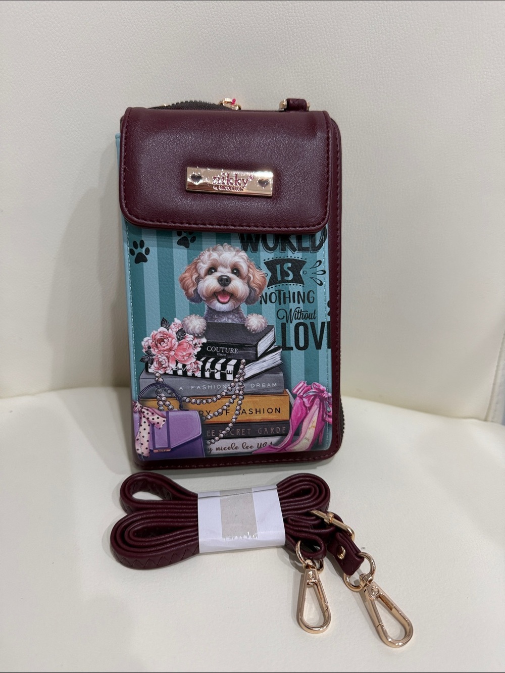 Nicole Lee Burgundy Phone/Wallet Crossbody Bag with Teal Dog Bookprint